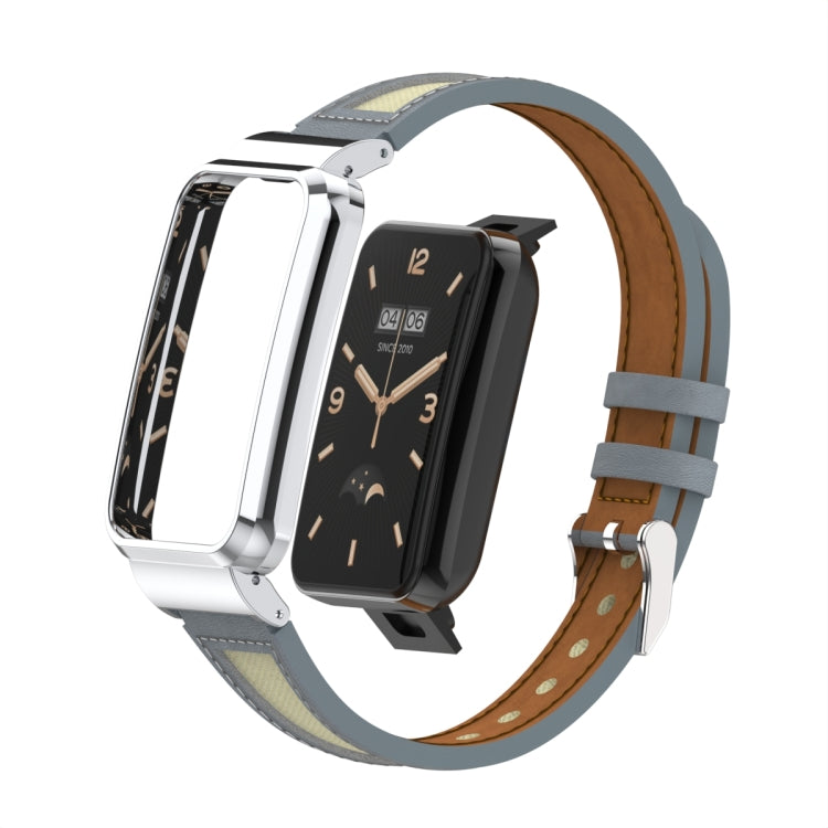 For Xiaomi Mi Band 7 Pro Collage Small Waist Leather Metal Frame Watch Band
