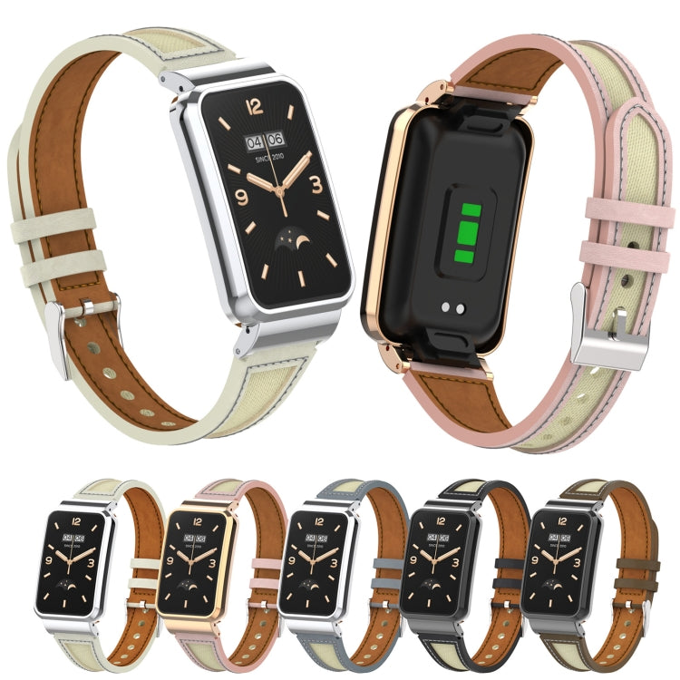 For Xiaomi Mi Band 7 Pro Collage Small Waist Leather Metal Frame Watch Band