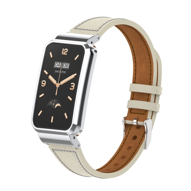 For Xiaomi Mi Band 7 Pro Plain Weave Small Waist Leather Metal Frame Watch Band