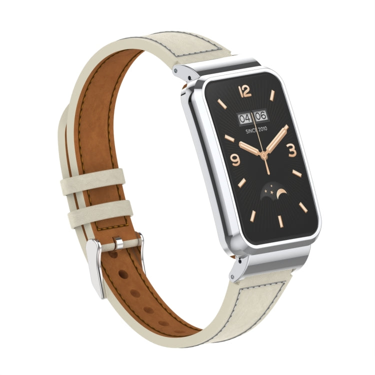 For Xiaomi Mi Band 7 Pro Plain Weave Small Waist Leather Metal Frame Watch Band