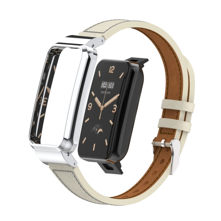 For Xiaomi Mi Band 7 Pro Plain Weave Small Waist Leather Metal Frame Watch Band