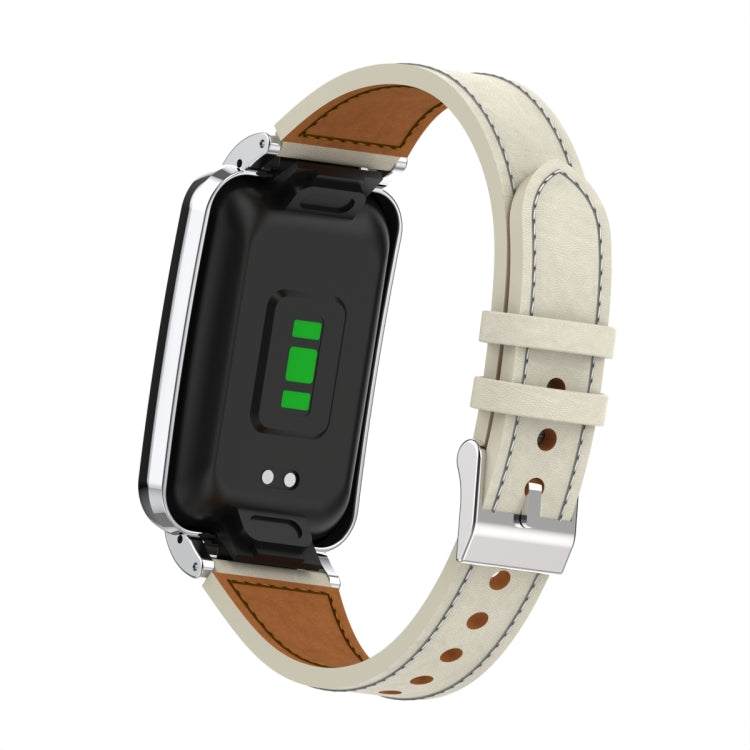 For Xiaomi Mi Band 7 Pro Plain Weave Small Waist Leather Metal Frame Watch Band