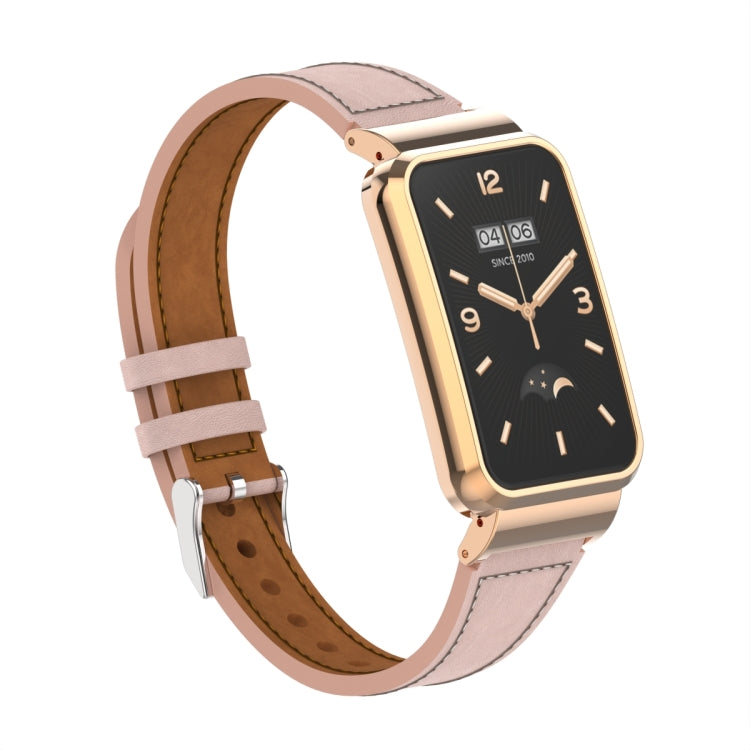 For Xiaomi Mi Band 7 Pro Plain Weave Small Waist Leather Metal Frame Watch Band
