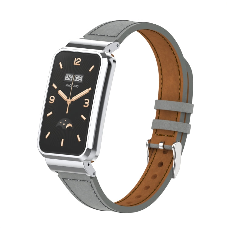 For Xiaomi Mi Band 7 Pro Plain Weave Small Waist Leather Metal Frame Watch Band