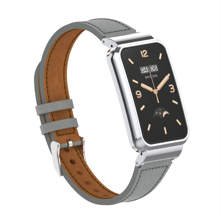 For Xiaomi Mi Band 7 Pro Plain Weave Small Waist Leather Metal Frame Watch Band