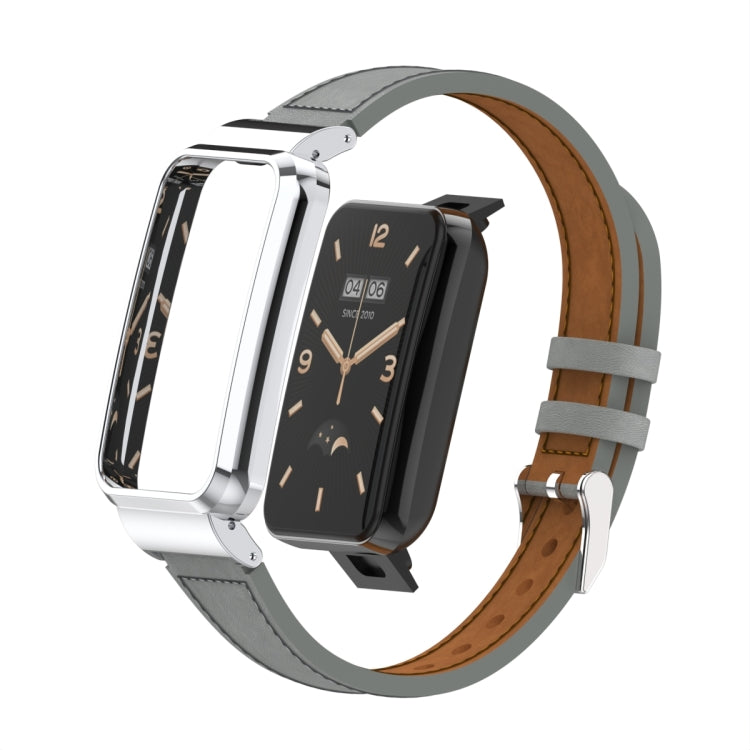 For Xiaomi Mi Band 7 Pro Plain Weave Small Waist Leather Metal Frame Watch Band