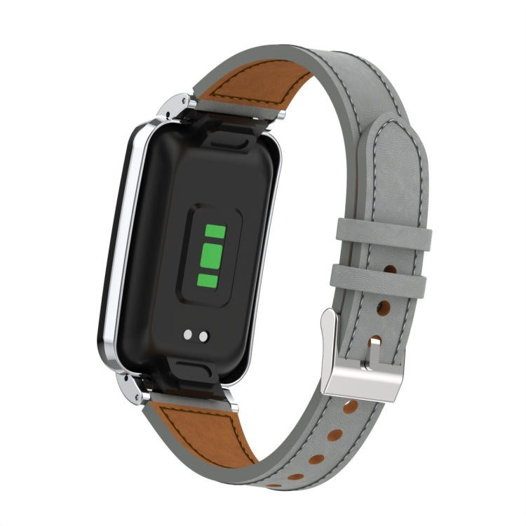 For Xiaomi Mi Band 7 Pro Plain Weave Small Waist Leather Metal Frame Watch Band