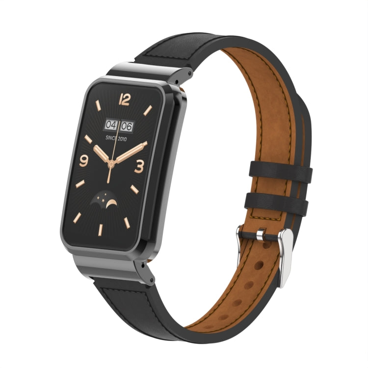 For Xiaomi Mi Band 7 Pro Plain Weave Small Waist Leather Metal Frame Watch Band