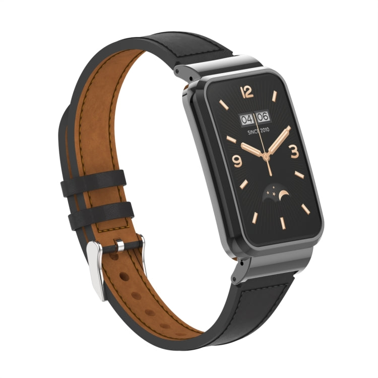 For Xiaomi Mi Band 7 Pro Plain Weave Small Waist Leather Metal Frame Watch Band