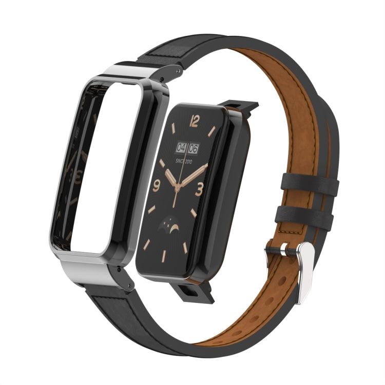 For Xiaomi Mi Band 7 Pro Plain Weave Small Waist Leather Metal Frame Watch Band
