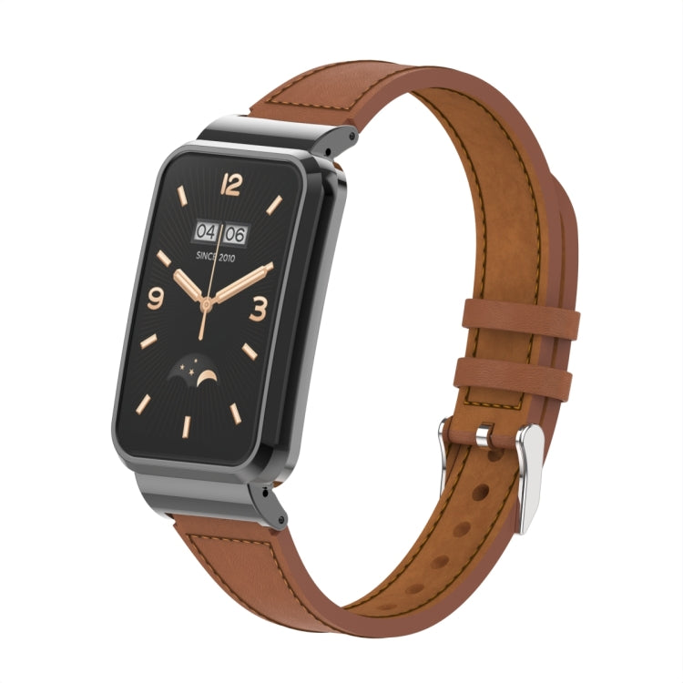 For Xiaomi Mi Band 7 Pro Plain Weave Small Waist Leather Metal Frame Watch Band