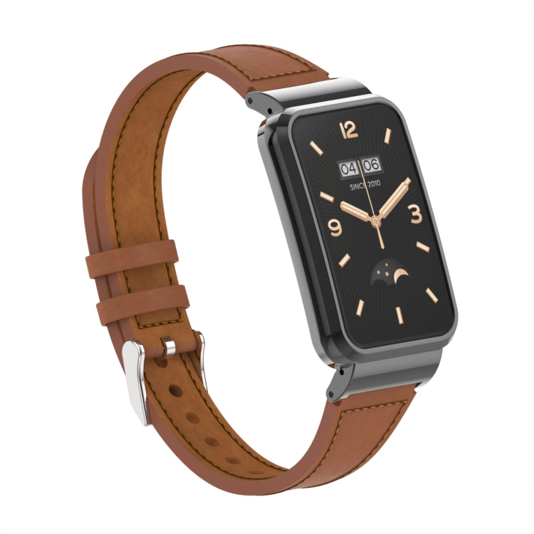 For Xiaomi Mi Band 7 Pro Plain Weave Small Waist Leather Metal Frame Watch Band