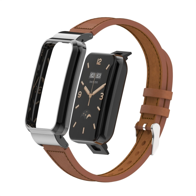 For Xiaomi Mi Band 7 Pro Plain Weave Small Waist Leather Metal Frame Watch Band