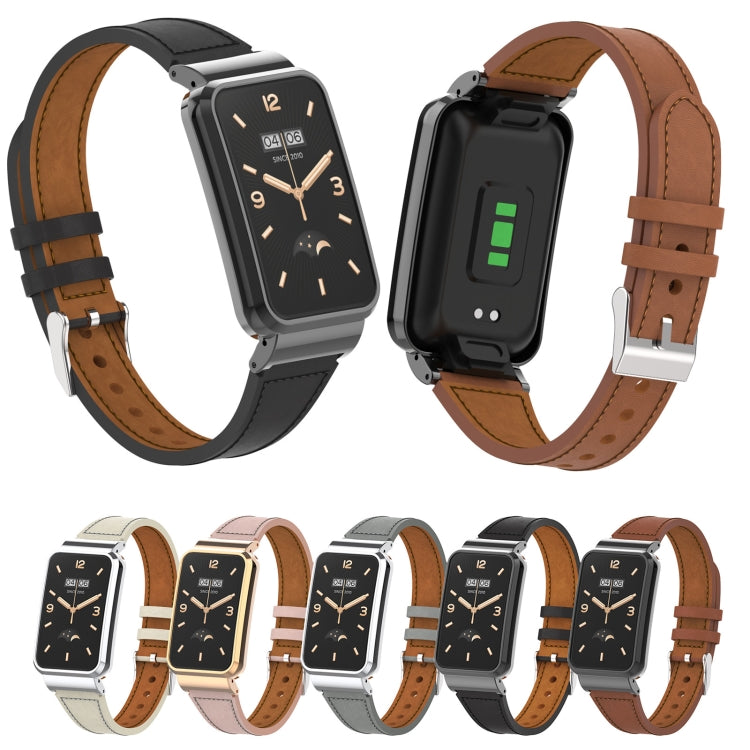 For Xiaomi Mi Band 7 Pro Plain Weave Small Waist Leather Metal Frame Watch Band