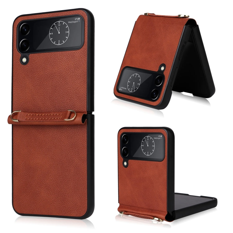 For Samsung Galaxy Z Flip4 Lambskin Texture Leather Phone Case with Lanyard