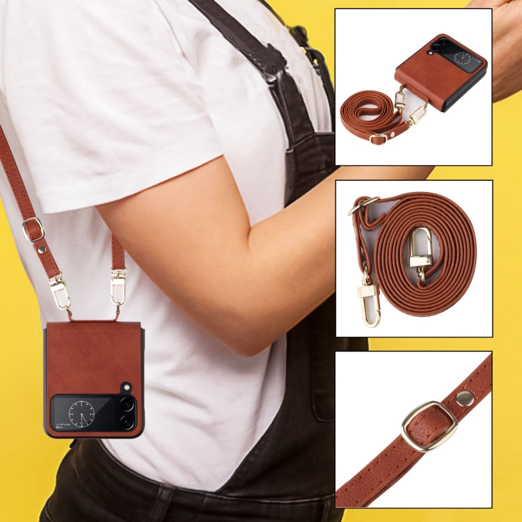 For Samsung Galaxy Z Flip4 Lambskin Texture Leather Phone Case with Lanyard