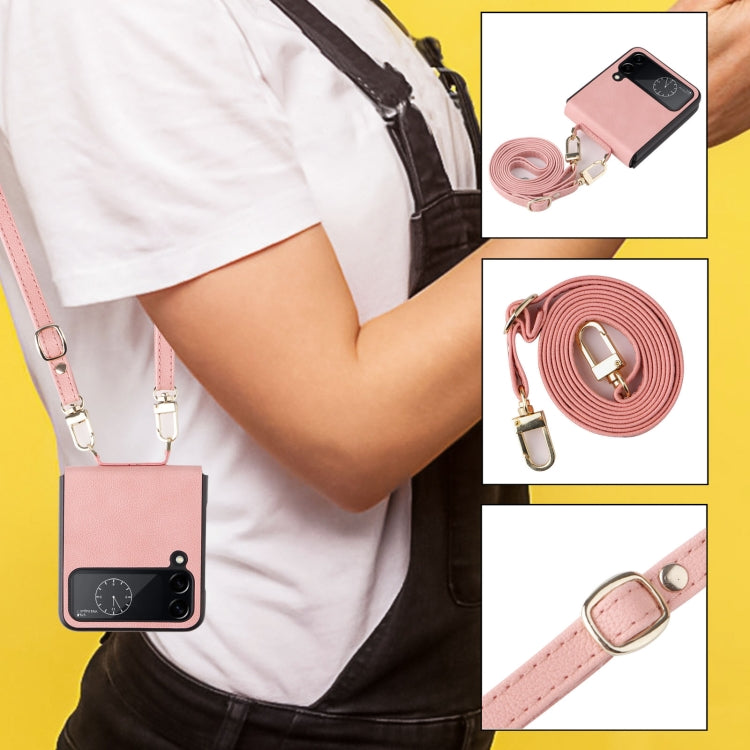 For Samsung Galaxy Z Flip4 Lambskin Texture Leather Phone Case with Lanyard