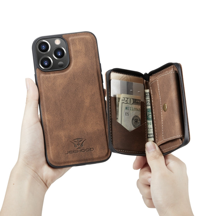 For iPhone 14 Pro Max JEEHOOD Magnetic Zipper Wallet Leather Phone Case