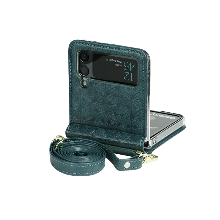 For Samsung Galaxy Z Flip4 Embossed Leather Folded Phone Case with Strap