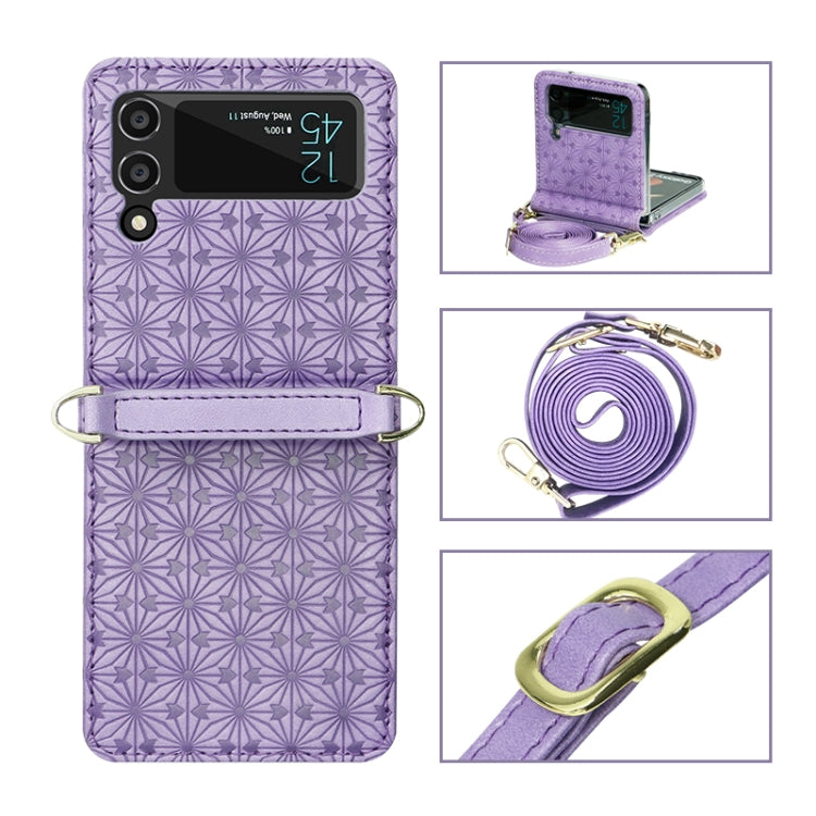 For Samsung Galaxy Z Flip4 Embossed Leather Folded Phone Case with Strap