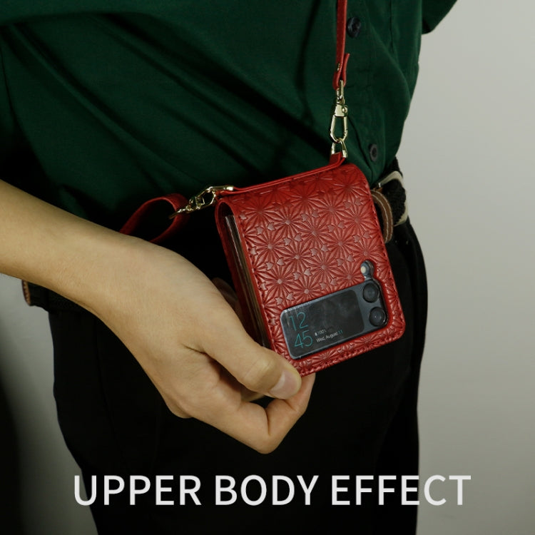 For Samsung Galaxy Z Flip4 Embossed Leather Folded Phone Case with Strap