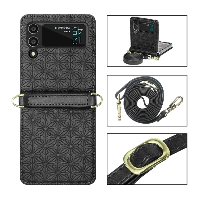 For Samsung Galaxy Z Flip4 Embossed Leather Folded Phone Case with Strap