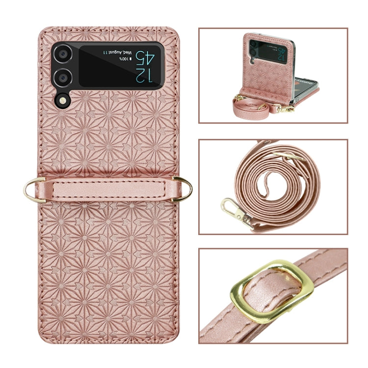 For Samsung Galaxy Z Flip4 Embossed Leather Folded Phone Case with Strap
