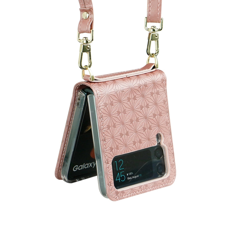 For Samsung Galaxy Z Flip4 Embossed Leather Folded Phone Case with Strap