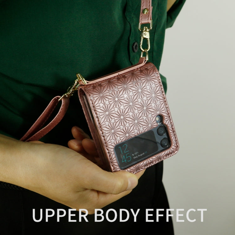 For Samsung Galaxy Z Flip4 Embossed Leather Folded Phone Case with Strap