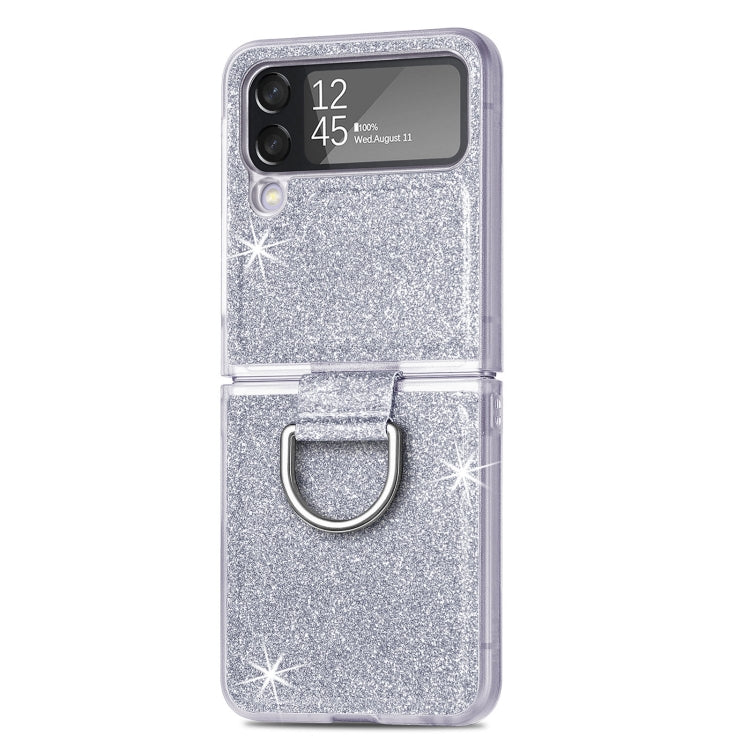 For Samsung Galaxy Z Flip4 Glitter Leather Skin PC Phone Case with Ring
