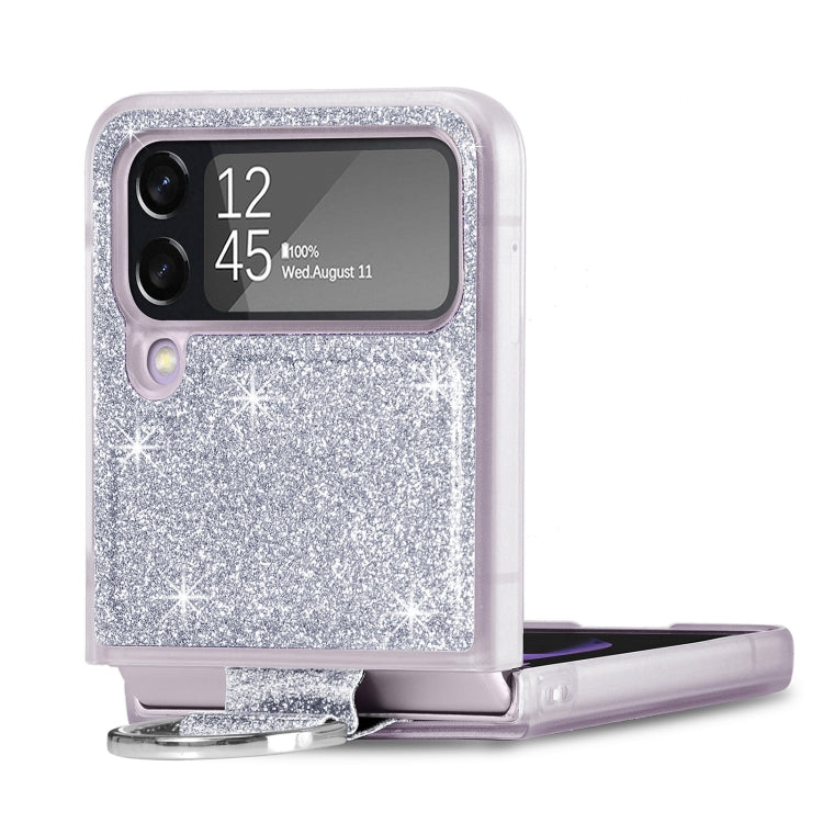 For Samsung Galaxy Z Flip4 Glitter Leather Skin PC Phone Case with Ring