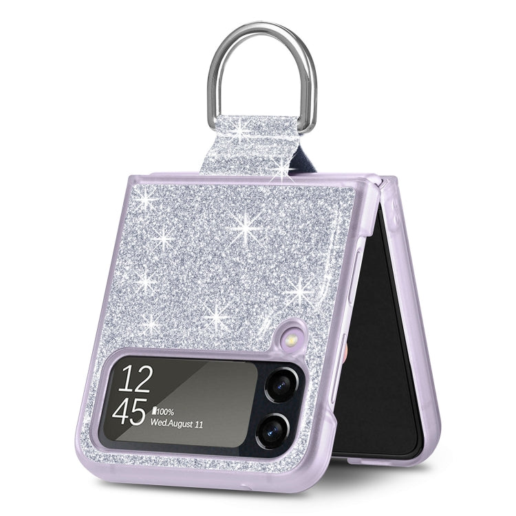 For Samsung Galaxy Z Flip4 Glitter Leather Skin PC Phone Case with Ring