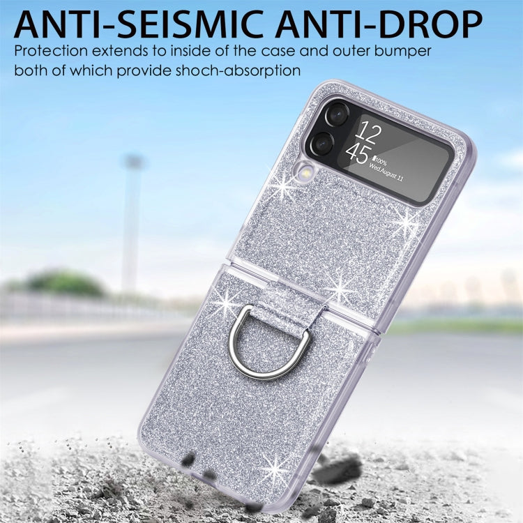 For Samsung Galaxy Z Flip4 Glitter Leather Skin PC Phone Case with Ring