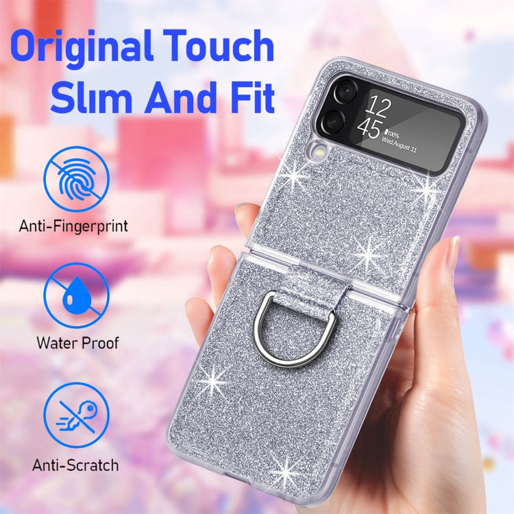 For Samsung Galaxy Z Flip4 Glitter Leather Skin PC Phone Case with Ring