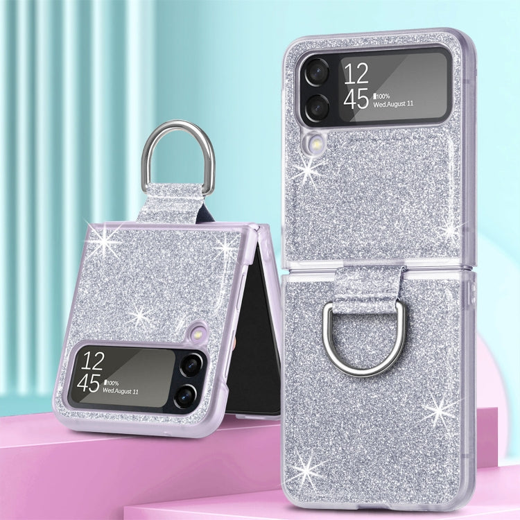 For Samsung Galaxy Z Flip4 Glitter Leather Skin PC Phone Case with Ring