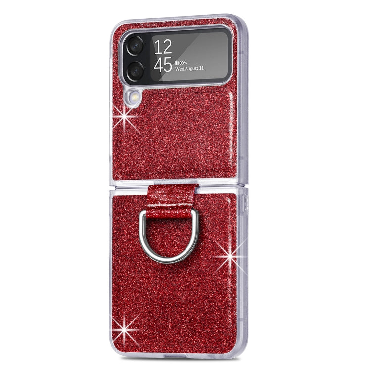For Samsung Galaxy Z Flip4 Glitter Leather Skin PC Phone Case with Ring