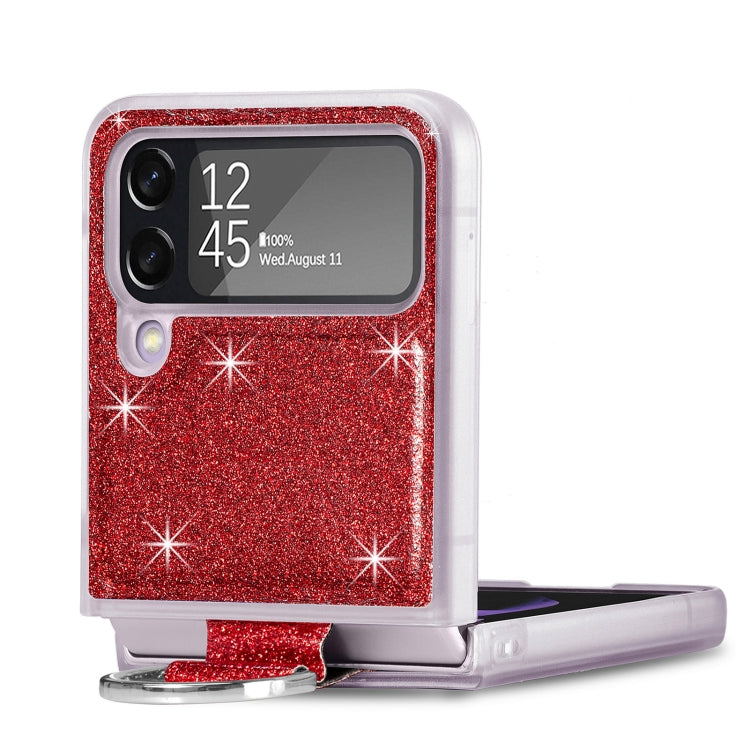 For Samsung Galaxy Z Flip4 Glitter Leather Skin PC Phone Case with Ring