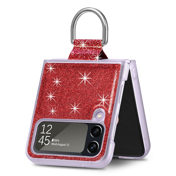 For Samsung Galaxy Z Flip4 Glitter Leather Skin PC Phone Case with Ring