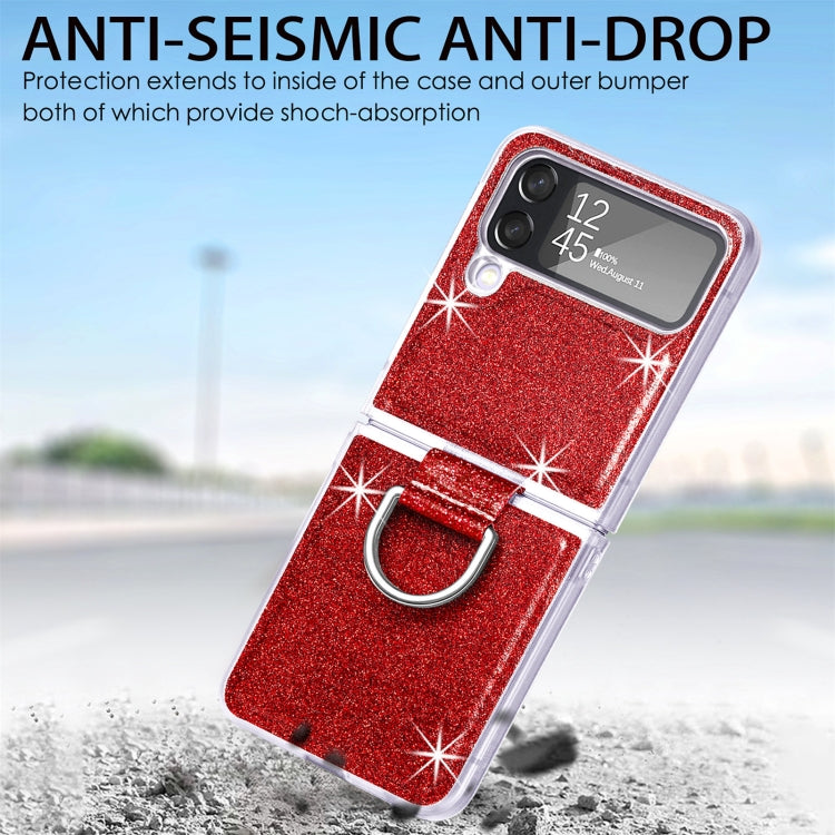 For Samsung Galaxy Z Flip4 Glitter Leather Skin PC Phone Case with Ring