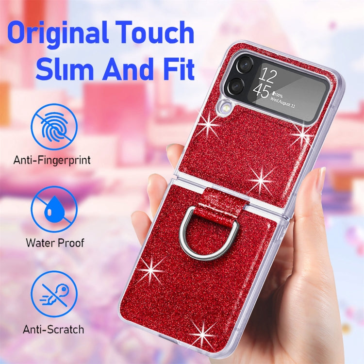 For Samsung Galaxy Z Flip4 Glitter Leather Skin PC Phone Case with Ring