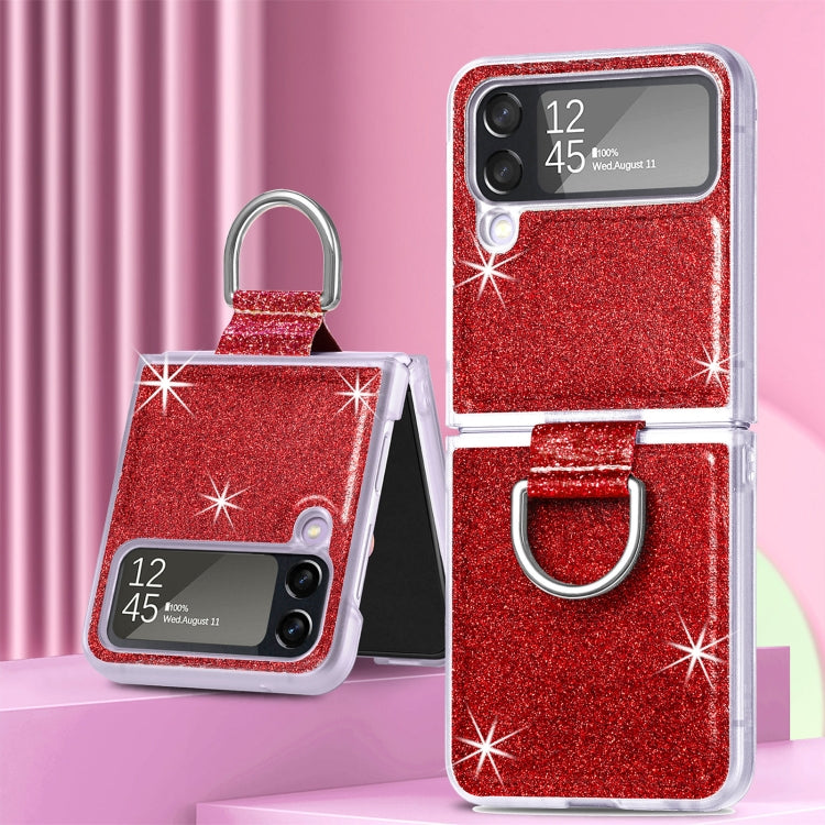 For Samsung Galaxy Z Flip4 Glitter Leather Skin PC Phone Case with Ring