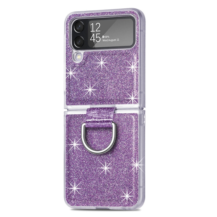 For Samsung Galaxy Z Flip4 Glitter Leather Skin PC Phone Case with Ring