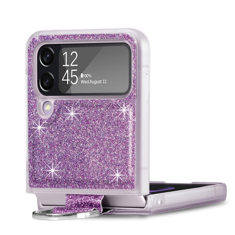 For Samsung Galaxy Z Flip4 Glitter Leather Skin PC Phone Case with Ring