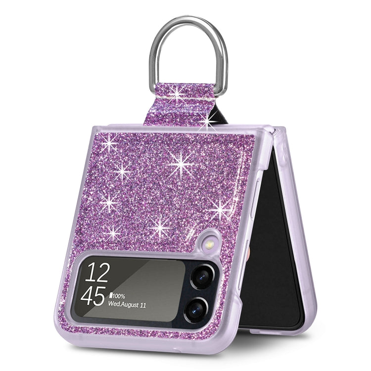 For Samsung Galaxy Z Flip4 Glitter Leather Skin PC Phone Case with Ring