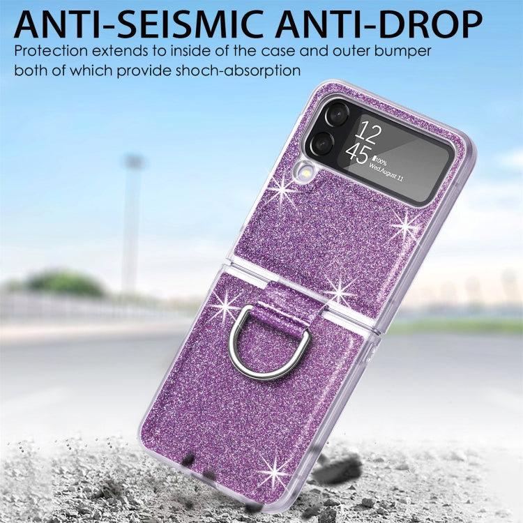 For Samsung Galaxy Z Flip4 Glitter Leather Skin PC Phone Case with Ring