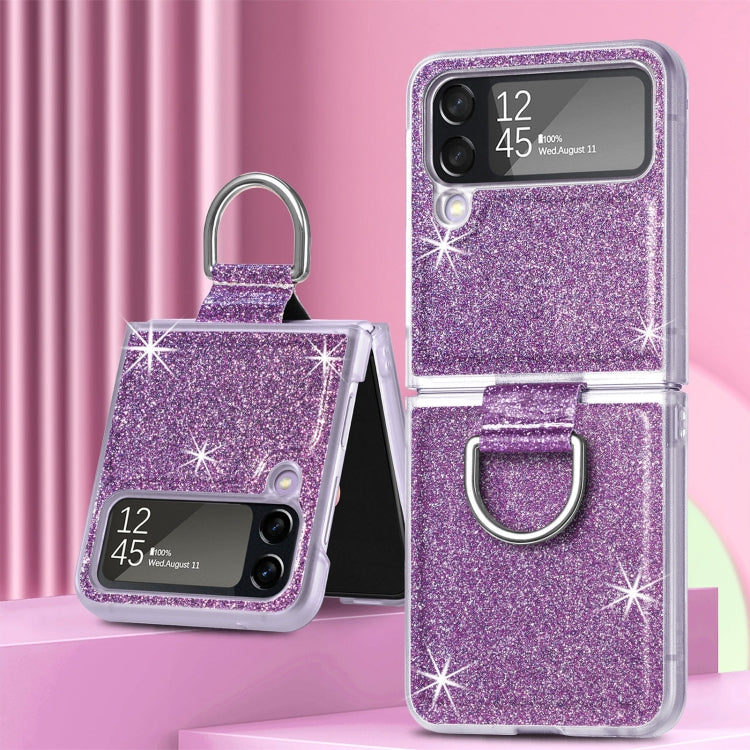 For Samsung Galaxy Z Flip4 Glitter Leather Skin PC Phone Case with Ring