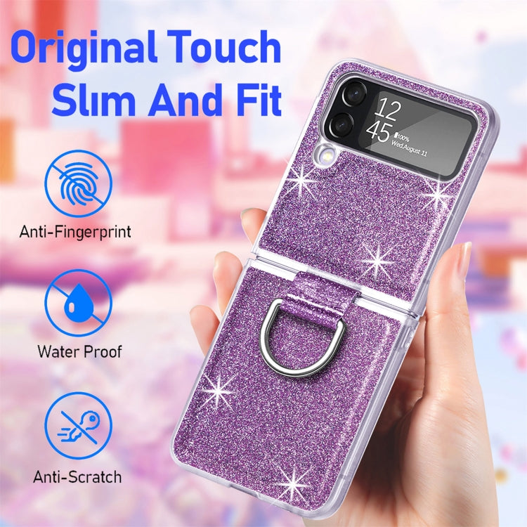 For Samsung Galaxy Z Flip4 Glitter Leather Skin PC Phone Case with Ring