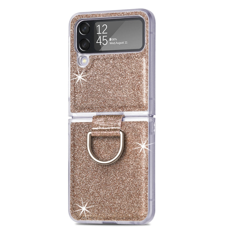 For Samsung Galaxy Z Flip4 Glitter Leather Skin PC Phone Case with Ring