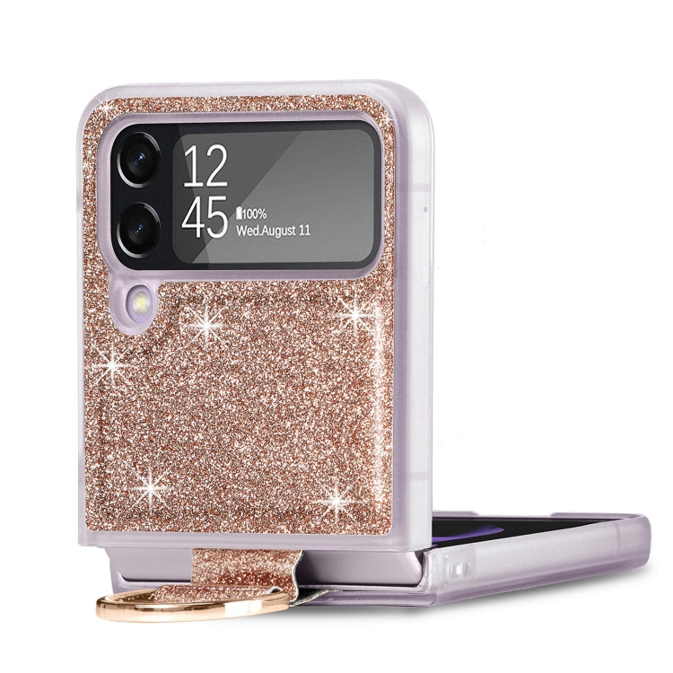 For Samsung Galaxy Z Flip4 Glitter Leather Skin PC Phone Case with Ring