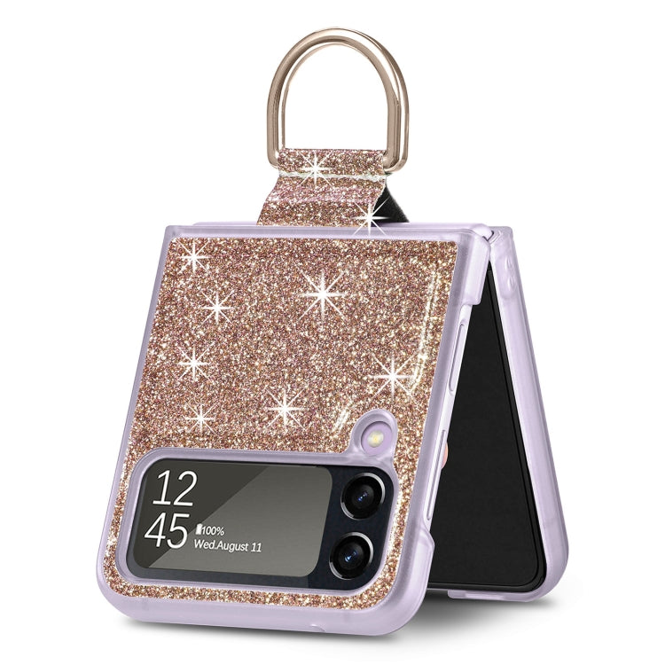 For Samsung Galaxy Z Flip4 Glitter Leather Skin PC Phone Case with Ring